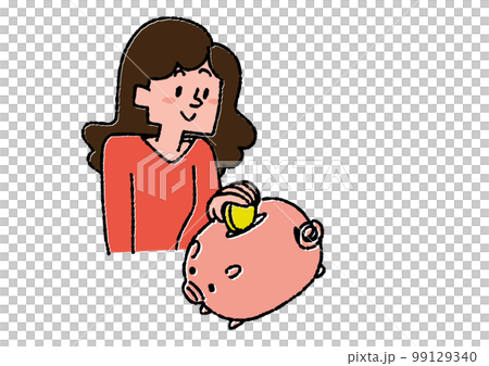 一個女人把錢存進豬的存錢罐 留下資產進行投資和人生規劃的插圖 99129340