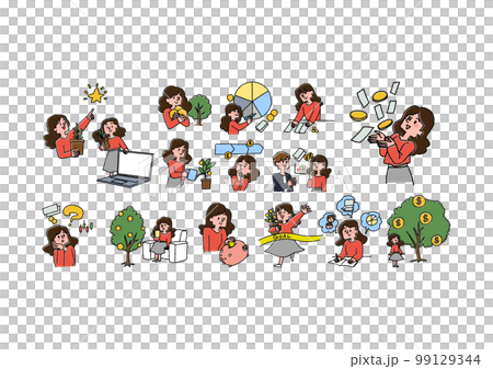 一組將資產留在投資和生活設計中的女性的插圖集 99129344