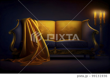 白いソファ　モダンなインテリア　黄色いシルクのカーテン「AI生成画像」 99131936