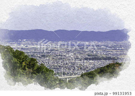 水彩画風 信貴山からの奈良盆地眺望 奈良県生駒郡平群町のイラスト素材
