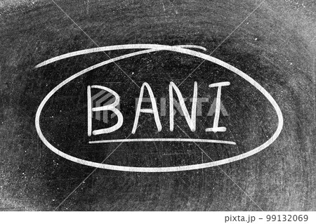 White chalk hand writing in word BANI (Brittle, Anxious, Non-linear and Incomprehensible) and circle shape on blackboard background White chalk hand writing in word BANI (Brittle, Anxious, Non-linear and Incomprehensible) and circle shape on blackboard background 99132069