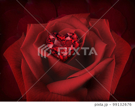 Red Diamond heart on a Rose Flower on background of beautiful red rose petals Red Diamond heart on a Rose Flower on background of beautiful red rose petals 99132676