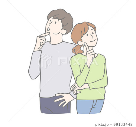 上を見て想像する、納得・感心した様子の若い男女、夫婦 上を見て想像する、納得・感心した様子の若い男女、夫婦 99133448