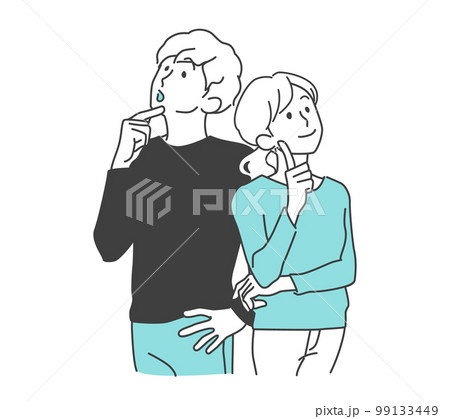 上を見て想像する、納得・感心した様子の若い男女、夫婦 上を見て想像する、納得・感心した様子の若い男女、夫婦 99133449