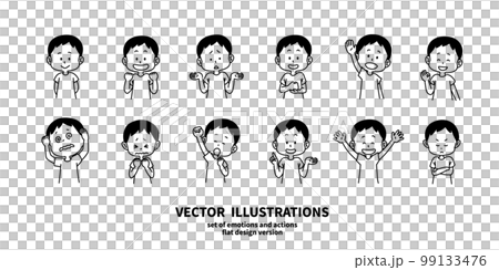 Illustration set of facial expressions and gestures boy line drawing monochrome 99133476