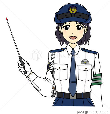 指示棒を持つ白ワイシャツの女性警察官（上半身・笑顔） 99133506
