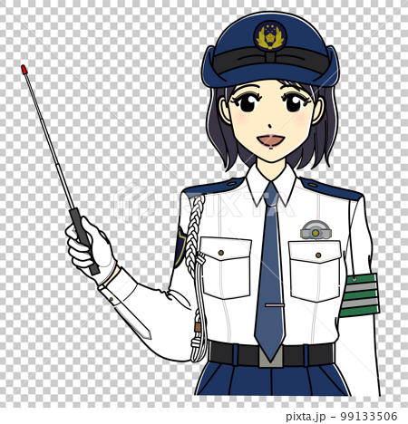 指示棒を持つ白ワイシャツの女性警察官（上半身・笑顔） 99133506
