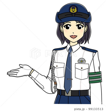 案内をする白ワイシャツの女性警察官(上半身斜め向き) 案内をする白ワイシャツの女性警察官(上半身斜め向き) 99133513