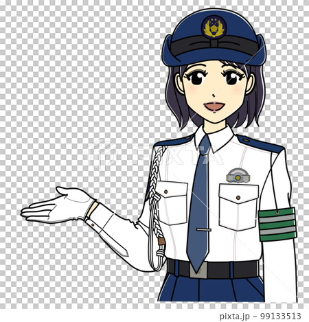 案内をする白ワイシャツの女性警察官(上半身斜め向き) 案内をする白ワイシャツの女性警察官(上半身斜め向き) 99133513