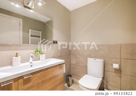 This elegant bathroom features a modern design with beige tiles, a spacious room, sleek sink, mirror and toilet. The neutral colors and clean lines create a serene and inviting space. 99133822