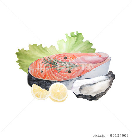Watercolor illustration of raw salmon steak with lemon, peppercorns, oyster, rosemary and lettuce isolated on white background 99134905