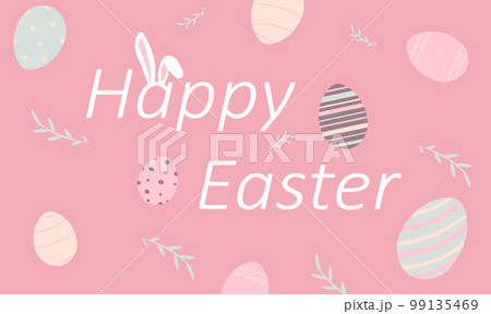 Easter poster with Easter eggs and on pink background. Greetings and presents for Easter Day. Vector illustration. Top view Easter poster with Easter eggs and on pink background. Greetings and presents for Easter Day. Vector illustration. Top view 99135469