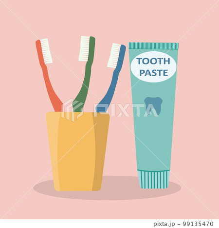 Toothbrush in a glass with toothpaste on pink background flat illustration. Toothbrush in a glass with toothpaste on pink background flat illustration. 99135470