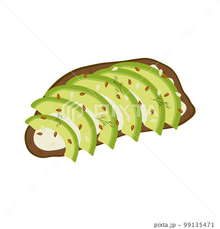 Avocado toast. Fresh toasted dark rye bread with slices of ripe avocado. Delicious avocado sandwich with sesame seeds, seasoning and dill. Vector illustration. Avocado toast. Fresh toasted dark rye bread with slices of ripe avocado. Delicious avocado sandwich with sesame seeds, seasoning and dill. Vector illustration. 99135471