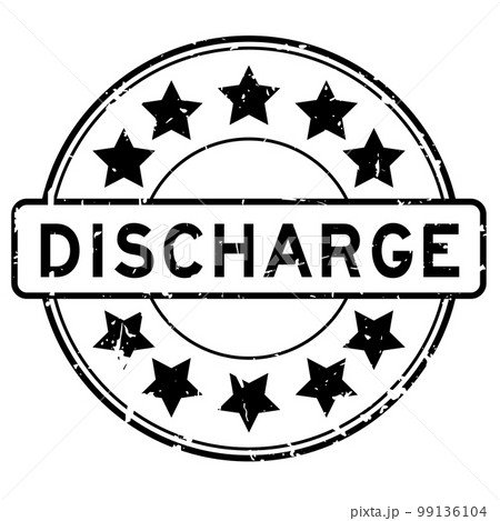 Grunge black discharge word with star icon round rubber seal stamp on white background 99136104