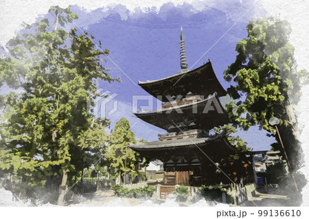 水彩画風　百済寺　三重塔　奈良県北葛城郡広陵町 99136610