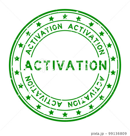 Grunge green activation word with star icon round rubber seal stamp on white background 99136809