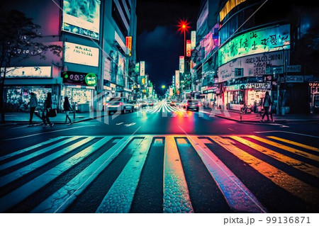 Neon night city Shibuya crossing in Tokyo. Generative AI 99136871