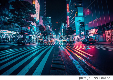 Neon night city Shibuya crossing in Tokyo. Generative AI Neon night city Shibuya crossing in Tokyo. Generative AI 99136872