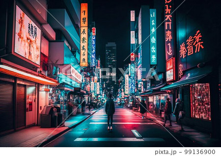 Neon night city street in Tokyo. Generative AI Neon night city street in Tokyo. Generative AI 99136900