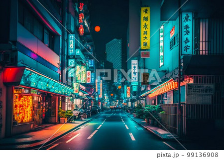 Neon night city street in Tokyo. Generative AI Neon night city street in Tokyo. Generative AI 99136908