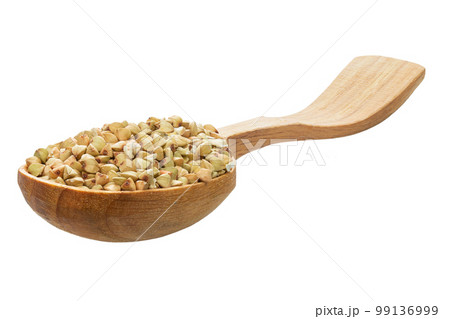 Wooden spoon of roasted buckwheat groat background, Wooden spoon of roasted buckwheat groat background, 99136999