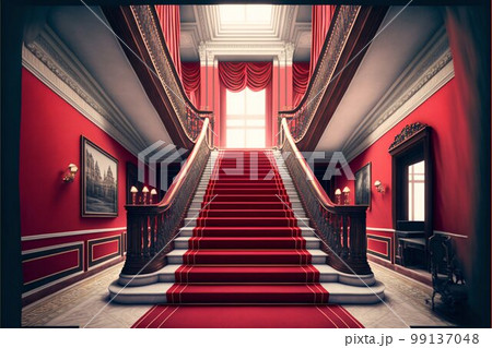 Interior hotel with stairs covered red carpet. Generative AI Interior hotel with stairs covered red carpet. Generative AI 99137048