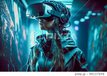 Woman with VR headset in metaverse. Generative AI Woman with VR headset in metaverse. Generative AI 99137049