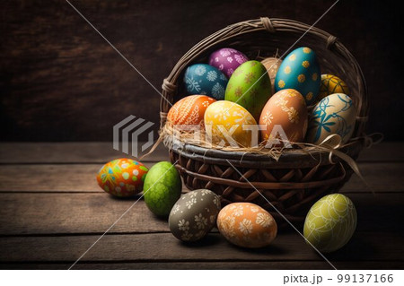 Easter Painted Eggs in Basket on Wooden Background. Generative AI Easter Painted Eggs in Basket on Wooden Background. Generative AI 99137166
