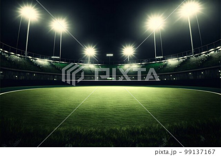 Sport stadium illuminated by spotlights and empty green grass playground. Generative AI Sport stadium illuminated by spotlights and empty green grass playground. Generative AI 99137167