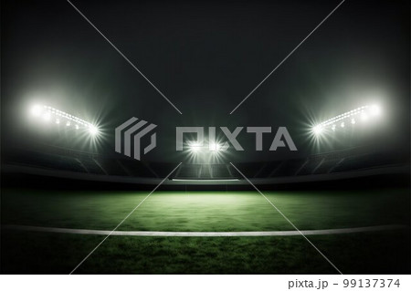 Sport stadium illuminated by spotlights and empty green grass playground. Generative AI 99137374