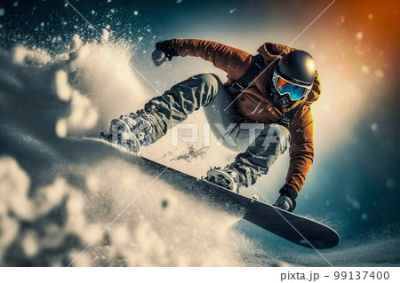 Snowboarder freeride on the slope in snow mountain. Generative AI Snowboarder freeride on the slope in snow mountain. Generative AI 99137400