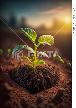 Little green plant sprout on the ground. Generative AI 99137455