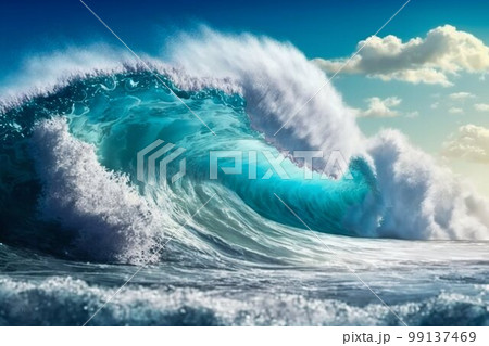 Big ocean clear blue surfer wave tube closeup. Generative AI Big ocean clear blue surfer wave tube closeup. Generative AI 99137469