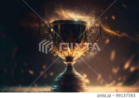 Winner gold trophy with blurred sparks on background. Generative AI 99137563