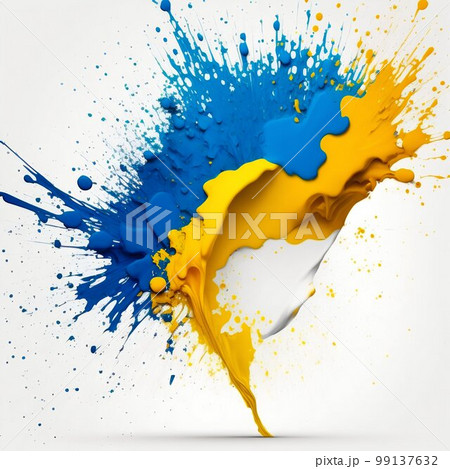 Paint spray spalsh blot in ukrainian blue and yellow colors. Generative AI 99137632