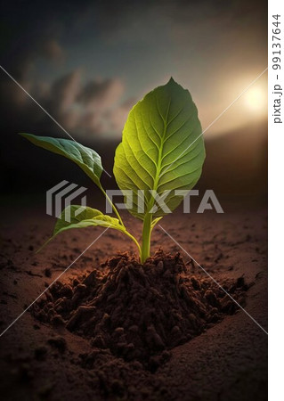 Little green plant sprout on the ground. Generative AI 99137644