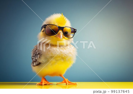 Sweet and funny baby chick wearing in fashion sunglasses. Generative AI 99137645