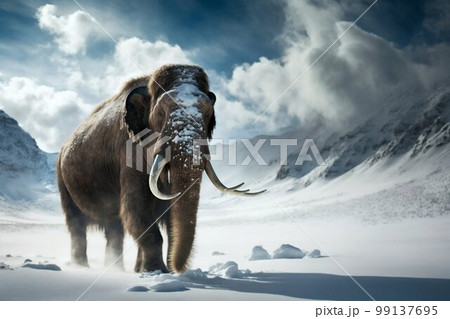 Mammoth elephant walking in snow winter mountains. Generative AI 99137695