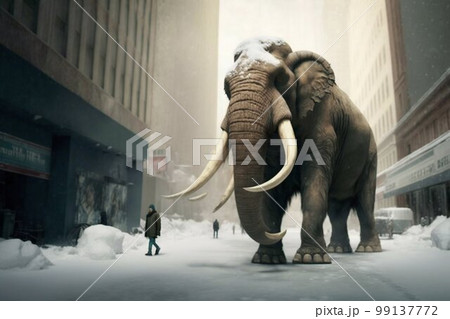 Mammoth elephant walking on the city road. Generative AI Mammoth elephant walking on the city road. Generative AI 99137772