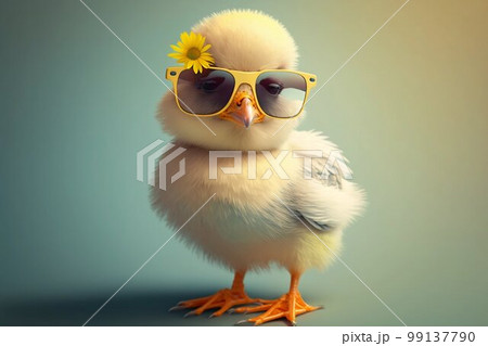 Sweet and funny baby chick wearing in fashion sunglasses. Generative AI 99137790