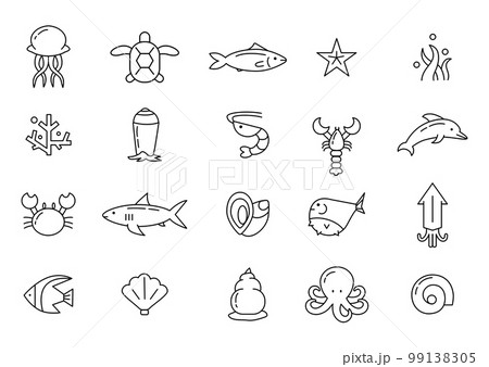 Sea fish. Ocean animal icons. Seafood outline symbols. Octopus and shell. Jellyfish in coral. Marine food. Starfish and seaweed. Underwater nature. Oyster and crab. Vector line recent pictograms set 99138305