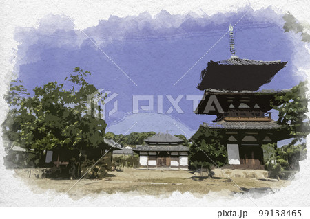 水彩画風 法起寺 境内 奈良県生駒郡斑鳩町 水彩画風 法起寺 境内 奈良県生駒郡斑鳩町 99138465