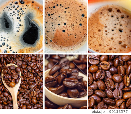 Collage of photos with roasted coffee beans. Banner background, selection of different coffee type Collage of photos with roasted coffee beans. Banner background, selection of different coffee type 99138577