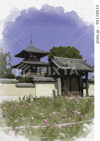 水彩画風　法起寺　南大門　奈良県生駒郡斑鳩町 99138633