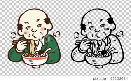 中老年吃拉麵手繪插畫單色線描套色 99138684