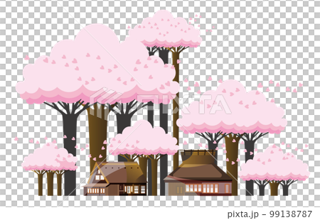A gentle spring mountain village landscape with cherry blossoms. 99138787