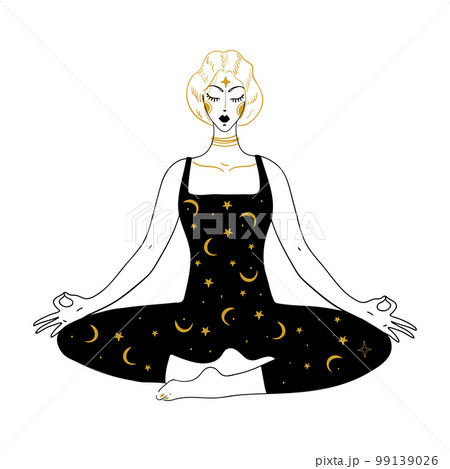 A woman meditates and relaxes in the lotus position, a mystical girl is engaged in spiritual practices, zen. Vector linear illustration isolated on white background, tattoo. A woman meditates and relaxes in the lotus position, a mystical girl is engaged in spiritual practices, zen. Vector linear illustration isolated on white background, tattoo. 99139026