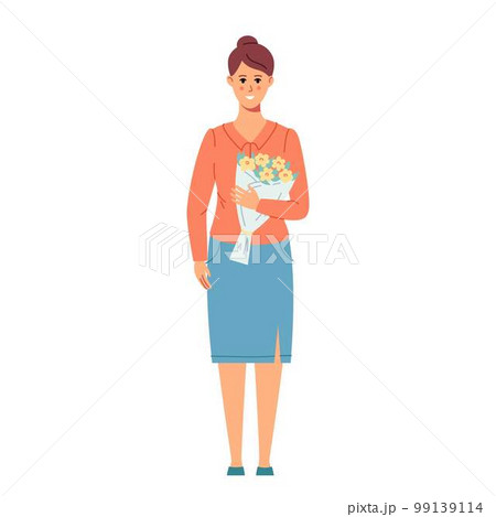 Cute woman holding a bouquet of flowers in her hands. Spring holiday vector illustration in Scandinavian simple style 99139114