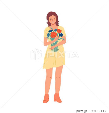 Cute smiling woman holding a bouquet of flowers in her hands. Spring holiday vector illustration in Scandinavian simple style. 99139115
